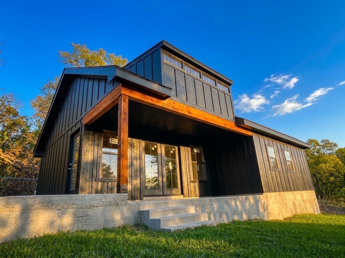 Wide view of a recent black Shedfather custom shed build